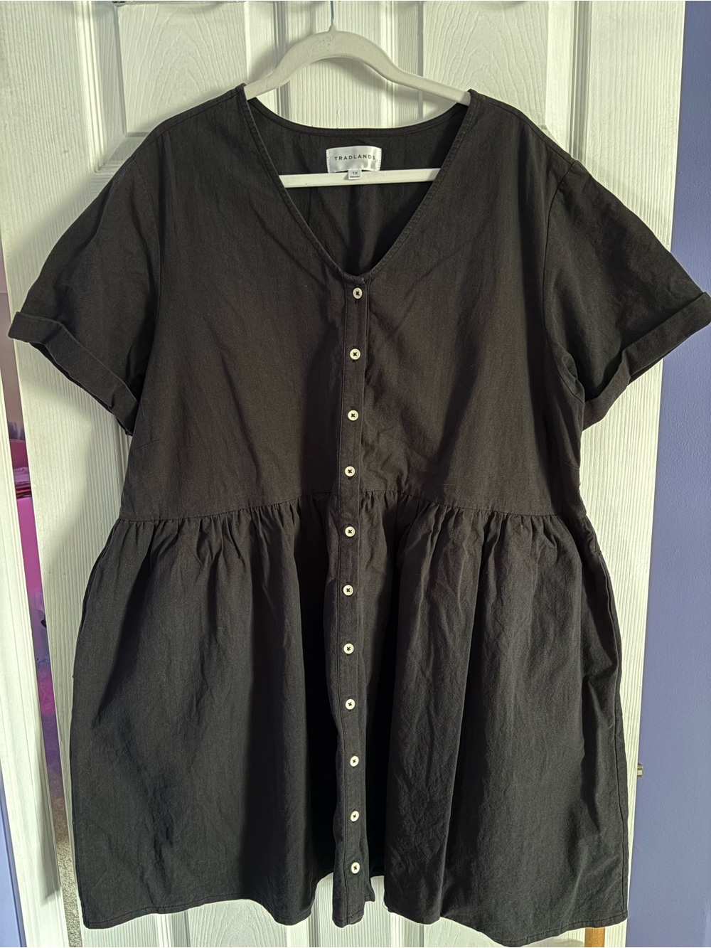 Tradlands Nell Dress in Charcoal, Cotton Empire Waist